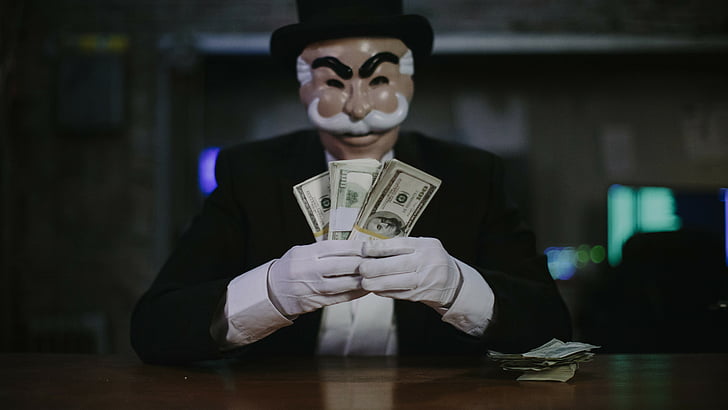 man in black suit holding bundle of money, Mr. Robot 2 season, mask, fsociety, best TV series, HD wallpaper