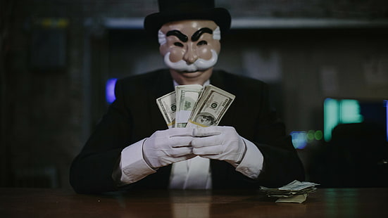 homme en costume noir tenant un paquet d'argent, M. Robot 2 saisons, masque, fsociety, meilleure série télévisée, Fond d'écran HD HD wallpaper