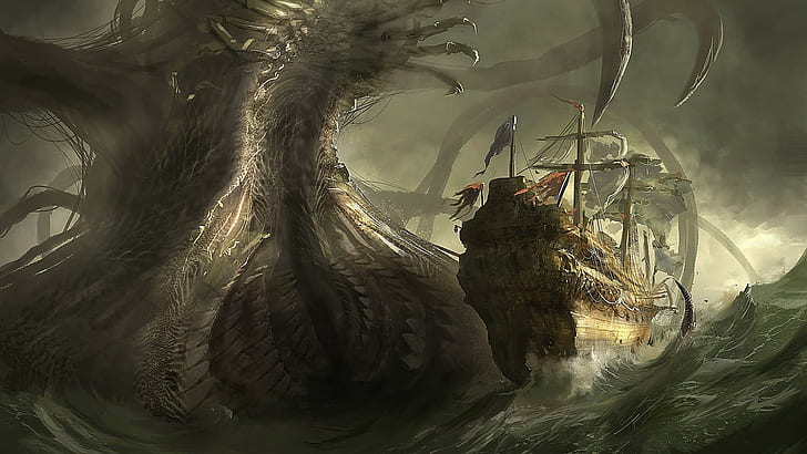 arte de fantasía, monstruos marinos, barco, mar, criatura, Fondo de pantalla HD