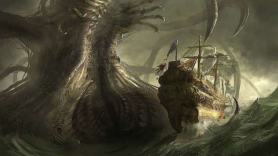 fantasy art, sea monsters, ship, sea, creature, HD wallpaper HD wallpaper