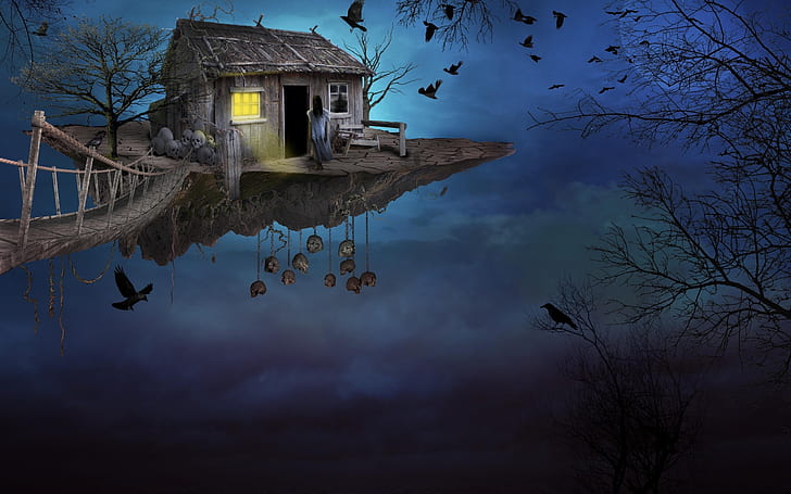 страшна къща, призрак, гарван, черепи, луна, фантазия, HD тапет