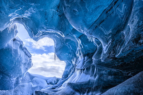 зима, сняг, лед, ледени висулки, пещера, Исландия, пещерата, HD тапет HD wallpaper