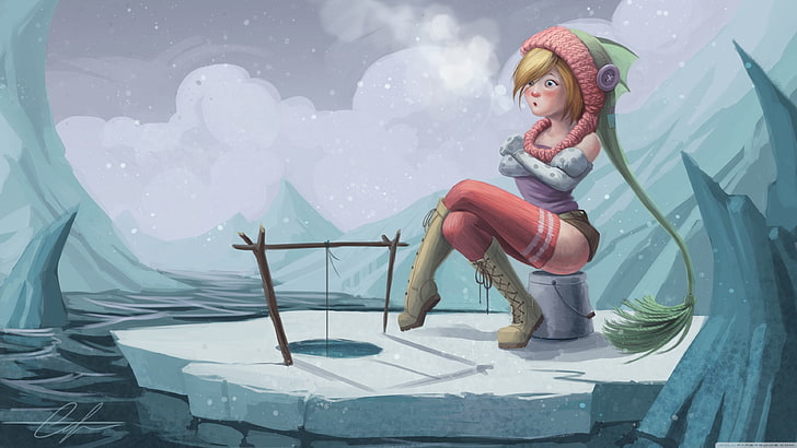 рыжеволосая девушка, без названия, рисунок, фэнтези арт, зима, женщины, рыбалка, фэнтези, HD обои