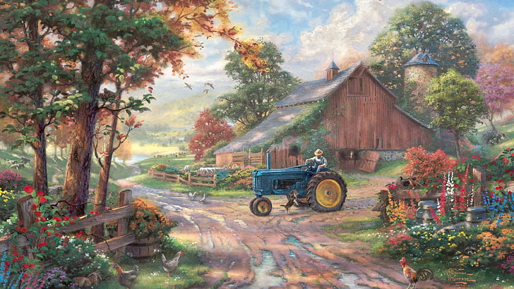 Mann Reiten auf Traktor Malerei, Malerei, Bauernhof, Scheunen, Hühner, Traktoren, Blumen, Feldweg, Thomas Kinkade, Kunstwerk, HD-Hintergrundbild