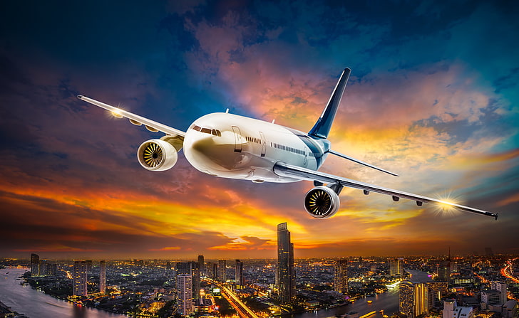 White passenger plane, the sky, clouds, flight, lights, the plane, engine,  HD wallpaper | Wallpaperbetter