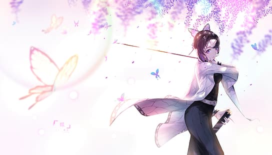 аниме, аниме девушки, кимэцу но яиба, кочу синобу, меч, бабочка, униформа, HD обои HD wallpaper