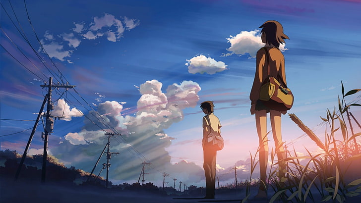 Ilustração de Kimi no na wa, 5 centímetros por segundo, anime, natureza, nuvens, Makoto Shinkai, linhas de energia, luz solar, estudantes, poste de utilidade, garotos anime, garotas anime, HD papel de parede