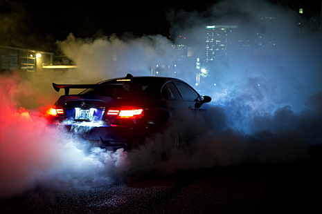 coupé nero, BMW, BMW E92 M3, notte, burnout, auto, Sfondo HD HD wallpaper