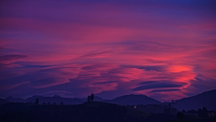sky, red sky, afterglow, dawn, atmosphere, cloud, horizon, dusk, sunset, evening, mountains, swirl, cumulus, atmosphere of earth, pink sky, HD wallpaper