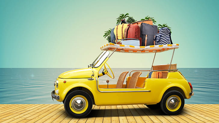 gracioso, verano, vacaciones, bolso, viajar, coche, playa, mar, orilla del mar, fiesta, vehículo, Fiat 500, auto clásico, auto antiguo, 8k uhd, fiat, Fondo de pantalla HD