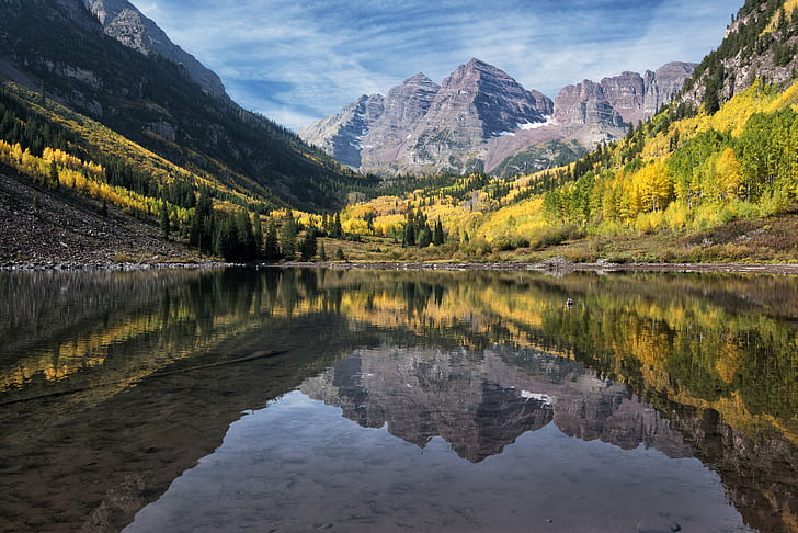 tree reflection of body of water, Lake, tree, reflection, body of water, Maroon Bells, nikon D800E, Colorado, mountains, nature, mountain, scenics, autumn, landscape, outdoors, forest, water, beauty In Nature, rock - Object, river, travel, summer, national Landmark, mountain Range, sky, HD wallpaper