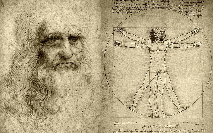 person illustration, figure, artist, Leonardo da Vinci, scientist, Vitruvian man, HD wallpaper