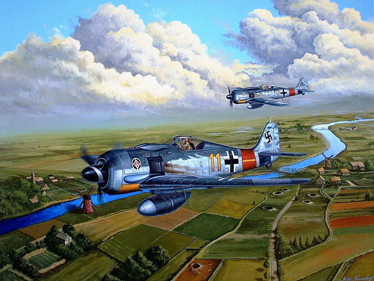 avión de hélice gris y azul, el cielo, río, tierra, figura, camino, arte, edificios, Fw 190, Focke-Wulf, WW2, alemán, solo, 