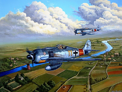 avion à hélices gris et bleu, le ciel, rivière, terre, figure, route, art, bâtiments, Fw 190, Focke-Wulf, WW2, allemand, simple, 