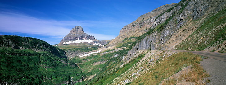 brown rock formation, landscape, mountains, Glacier National Park, Montana, wide angle, HD wallpaper