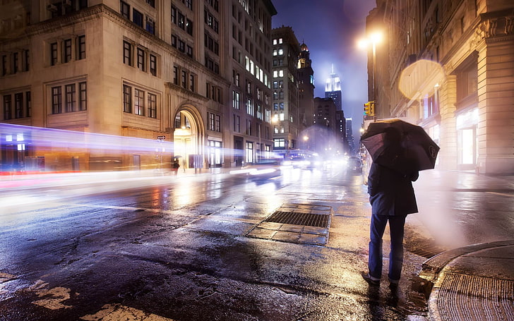 cold night in New York-Cities HD Wallpaper, black umbrella, HD wallpaper