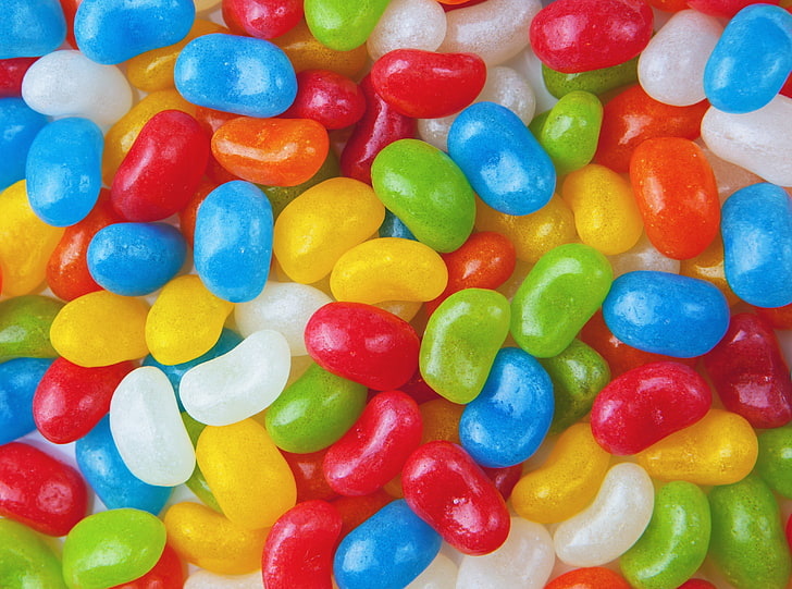 Цветни желирани бобчета, асорти цветни бонбони, храна и напитки, цветни, цветове, бонбони, бонбони, сладки, разнообразие, захар, храна, бонбони, асортимент, аромати, желе, HD тапет