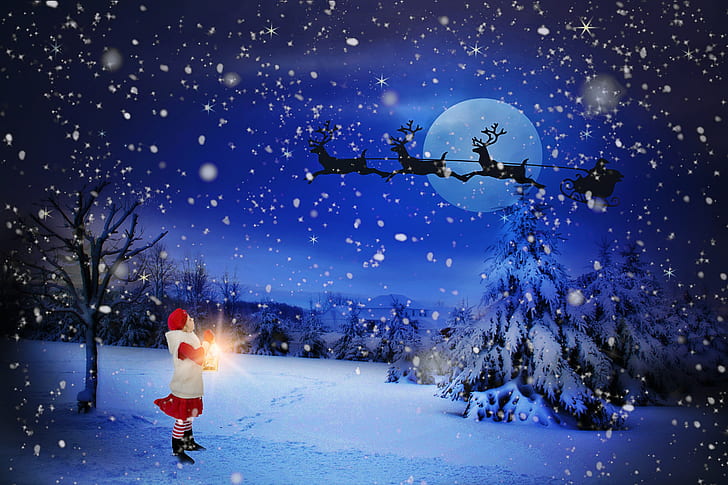 Holiday, Christmas, Child, Moon, Night, Reindeer, Santa, Sled, Snow, Tree, Winter, HD wallpaper