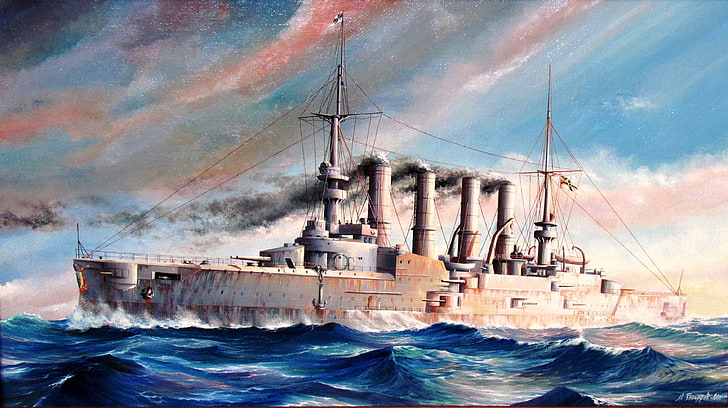laut, gambar, seni, WW1, kapal penjelajah lapis baja, SMS Scharnhorst, Angkatan Laut Kekaisaran Jerman, artis M. Goncharov, 