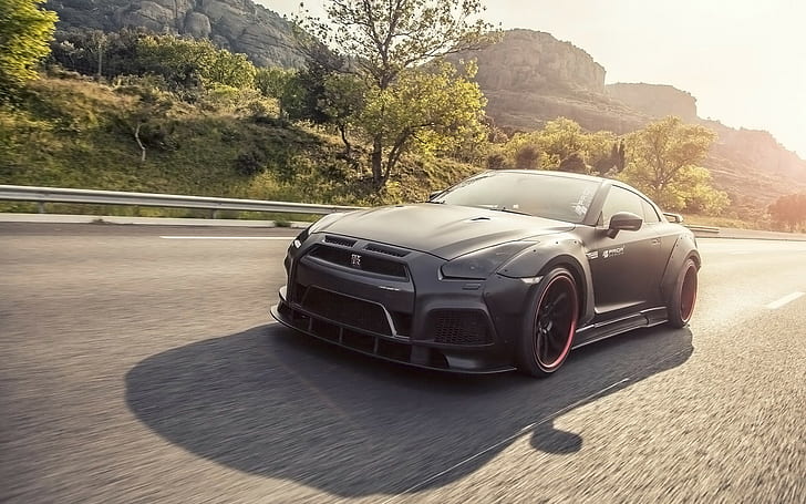 Nissan, gt-r, black sports coupe, tuning, nissan, gt-r, prior design, on the move, HD wallpaper