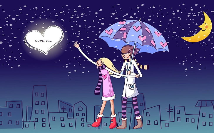 man and woman illustration, couple, walk, rain, drawing, umbrella, HD wallpaper