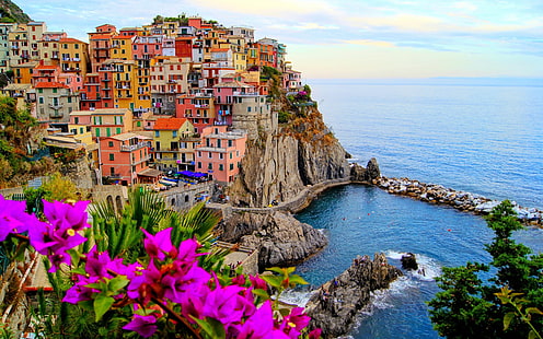 Italien, landskap, stad, hus, byggnad, färgrikt, vatten, Manarola, HD tapet HD wallpaper