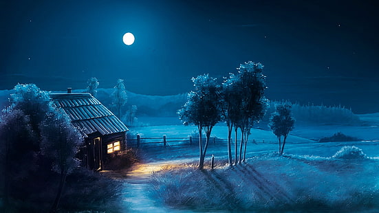 azul, casa, luz de luna, luna llena, arte de fantasía, paisaje de fantasía, noche, oscuridad, luna, Fondo de pantalla HD HD wallpaper