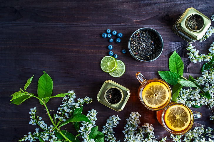 berries, lemon, tea, blueberries, drink, HD wallpaper