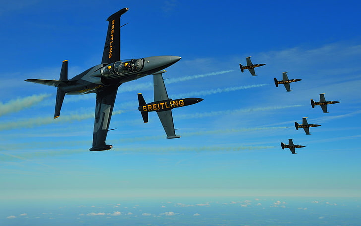 yedi siyah ve gri savaş uçağı, uçak, uçak, gökyüzü, Breitling, mavi, Aero L39 CM Albatros, HD masaüstü duvar kağıdı