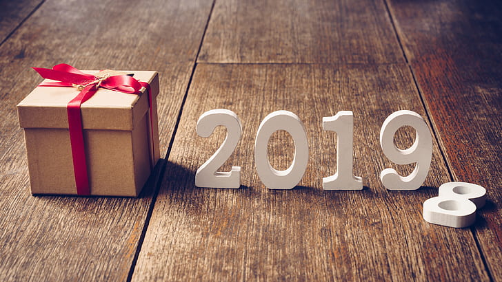 Yeni yıl, 2019, hediye, ahşap zemin, HD masaüstü duvar kağıdı