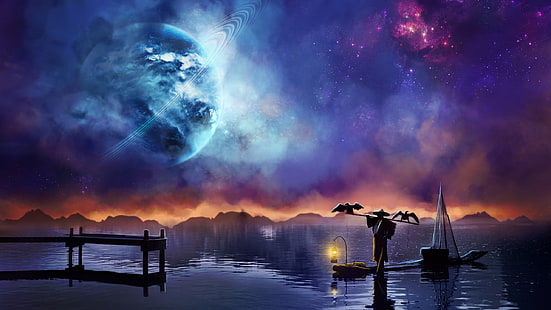 человек, стоящий на каноэ обои, звёзды, ночь, лодка, планета, арт, обои на рабочий стол, HD обои HD wallpaper