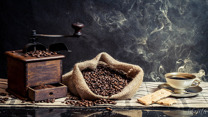 coffee beans, coffee, Cup, coffee beans, coffee grinder, HD wallpaper