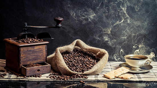 grãos de café, café, copo, grãos de café, moedor de café, HD papel de parede HD wallpaper