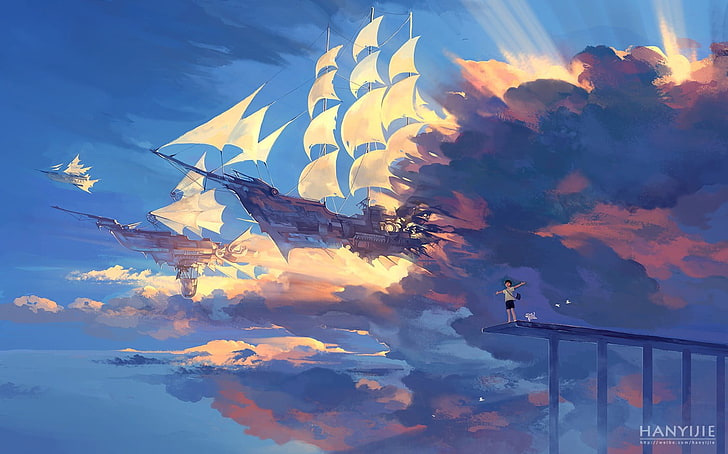 парусный корабль, аниме, корабль, облака, солнечный свет, фэнтези-арт, HD обои