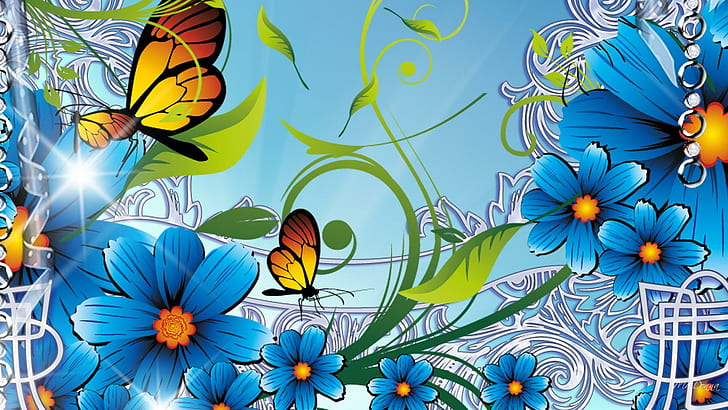 Verões flores azuis, persona do firefox, primavera, prata, borboletas amarelas, folhas, verão, flores azuis, 3d e abstrato, HD papel de parede