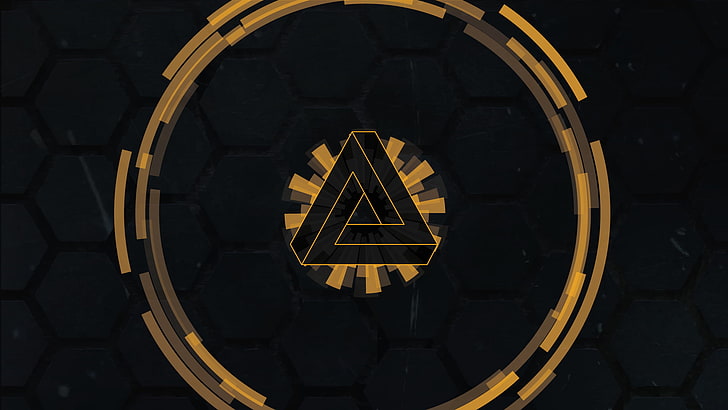 ilustração do logotipo do triângulo preto e amarelo, geometria, interfaces, Deus Ex: revolução humana, Deus Ex, triângulo de Penrose, HD papel de parede