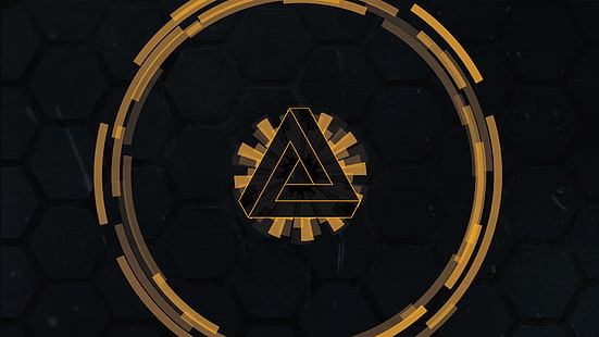 ภาพประกอบโลโก้สามเหลี่ยมสีดำและสีเหลืองเรขาคณิตอินเทอร์เฟซ Deus Ex: Human Revolution, Deus Ex, Penrose triangle, วอลล์เปเปอร์ HD HD wallpaper