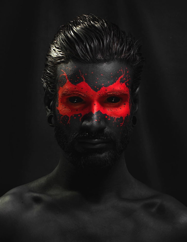 red face paint, black, face, red, men, model, selective coloring, HD wallpaper
