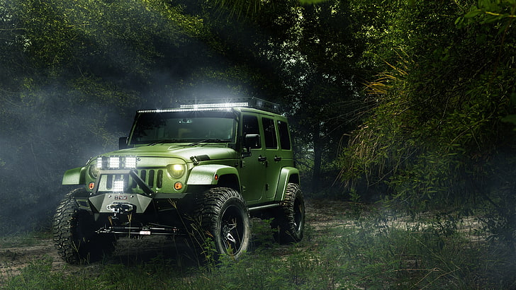 Jeep, paesaggio, faro a LED, fuoristrada, alberi, Sfondo HD
