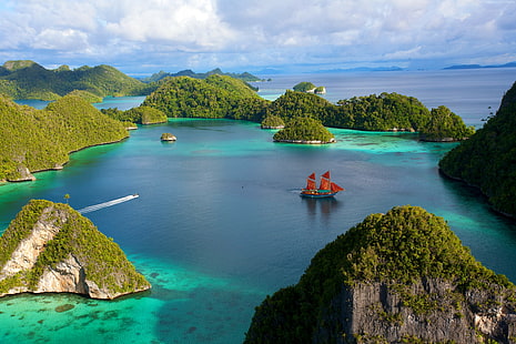 skały, Indonezja, chmury, Danau Toba, morze, żaglowiec, woda, 4k, przyroda, ocean, jezioro, Tapety HD HD wallpaper