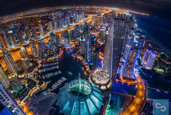 zdjęcia lotnicze budynków miejskich, noc, miasto, światła, wieczór, Dubaj, Zjednoczone Emiraty Arabskie, Dubai Marina, Tapety HD