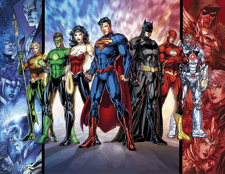 توضيح دوري العدالة DC ، كاريكاتير ، Justice League ، Aquaman ، Atom (DC Comics) ، Barry Allen ، Batman ، Bruce Wayne ، Cyborg (DC Comics) ، DC Comics ، Firestorm (Comics) ، Flash ، Green Arrow ، Green Lantern ، Hawkman ، سوبرمان ، إمراة رائعة، خلفية HD