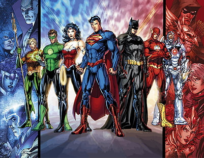 توضيح دوري العدالة DC ، كاريكاتير ، Justice League ، Aquaman ، Atom (DC Comics) ، Barry Allen ، Batman ، Bruce Wayne ، Cyborg (DC Comics) ، DC Comics ، Firestorm (Comics) ، Flash ، Green Arrow ، Green Lantern ، Hawkman ، سوبرمان ، إمراة رائعة، خلفية HD HD wallpaper