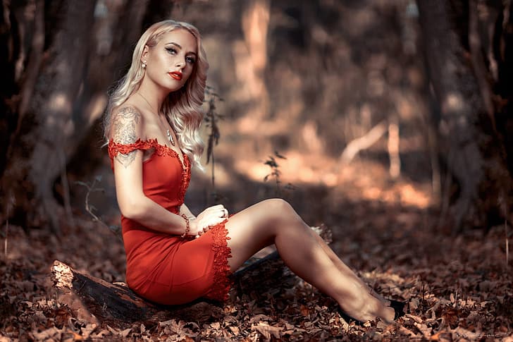 girl, forest, long hair, dress, legs, photo, photographer, blue eyes, model, tattoo, bokeh, lips, face, blonde, sitting, red dress, portrait, mouth, wavy hair, freckles, red lipstick, lipstick, looking at camera, depth of field, bare shoulders, looking at viewer, strapless, Vincent Haetty, HD wallpaper