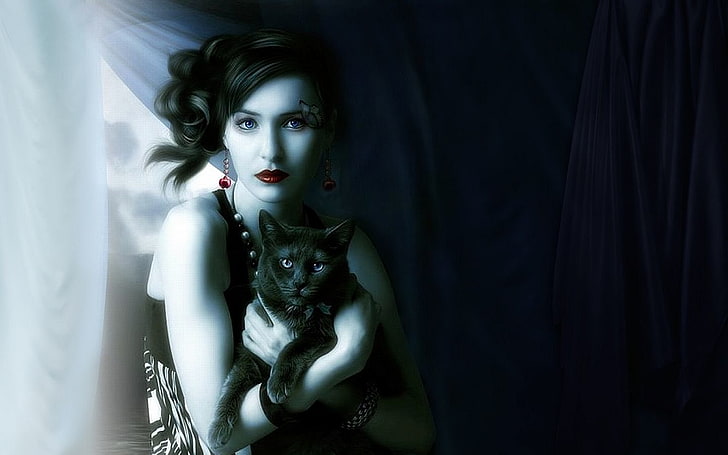 женщина, несущая кошку 3D обои, художественные, женщины, черный, кот, женщина, HD обои