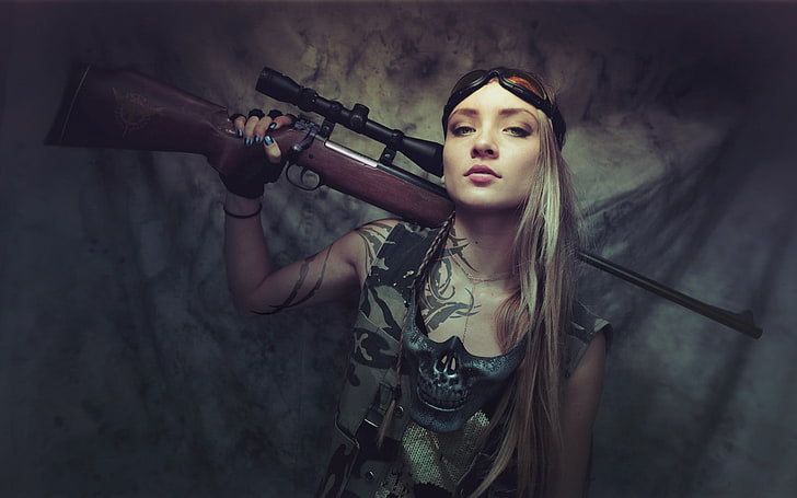 women, army gear, blonde, rifles, HD wallpaper