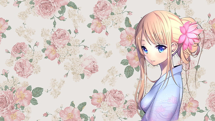 Papel de parede de Lucy Heartfilia de Fairy Tail, meninas anime, anime, roupas tradicionais, loira, olhos azuis, flores, cabelos longos, HD papel de parede