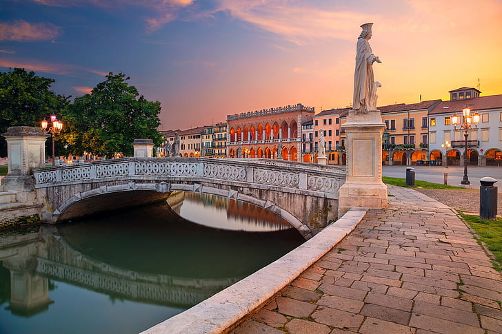bridge, Italy, channel, statue, promenade, Padova, Prato della Valle, Square Prato della Valle, HD wallpaper