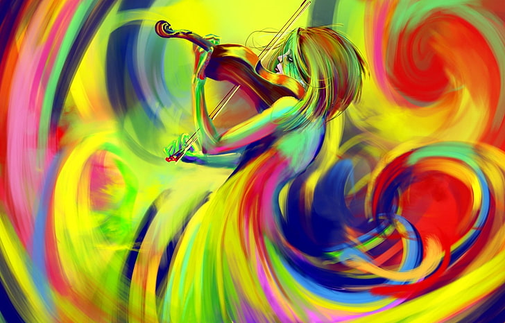 wielobarwna kobieta grająca na skrzypcach ilustracja, kolor, skrzypce, figura, łuk, tęcza, Tapety HD