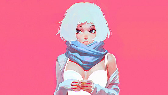 mujer de pelo blanco en la parte superior blanca ilustración, Ilya Kuvshinov, dibujo, rosa, Fondo de pantalla HD HD wallpaper